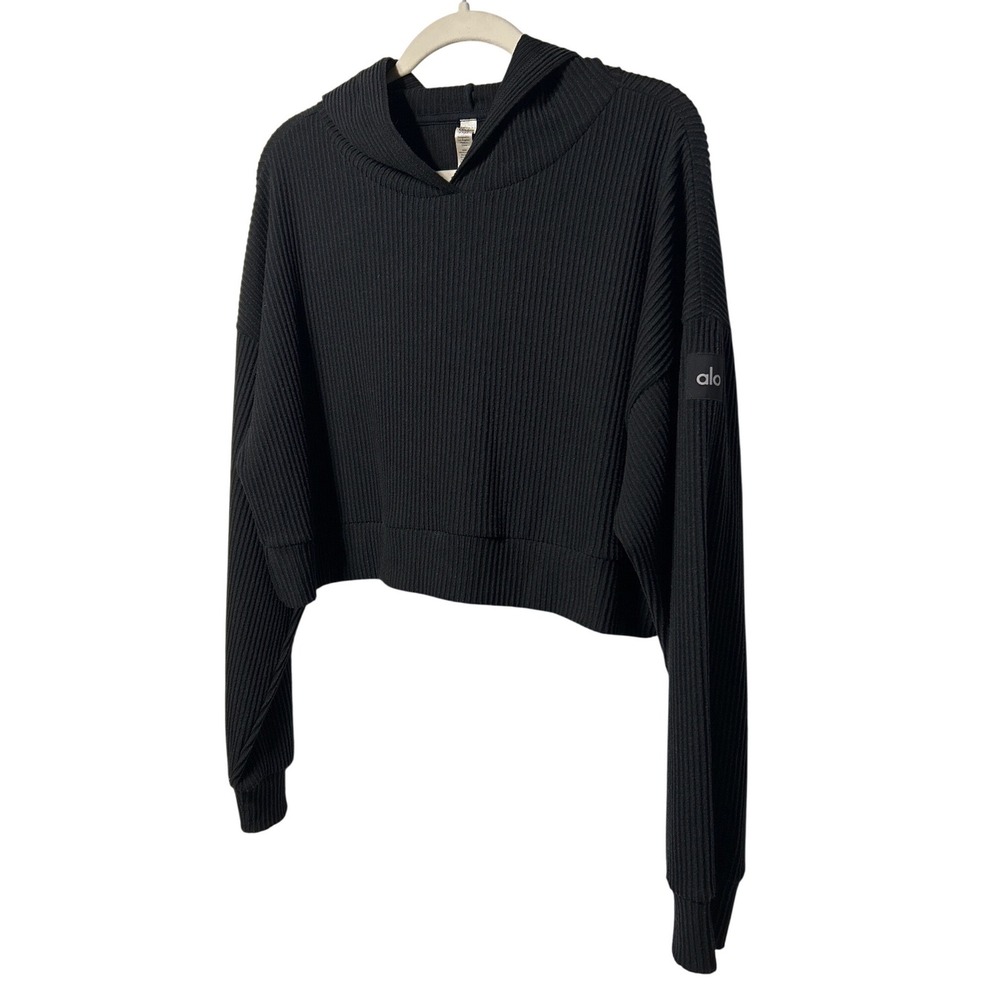 Alo Yoga Muse Rib Crop Hoodie Black Women's Size Medium EUC